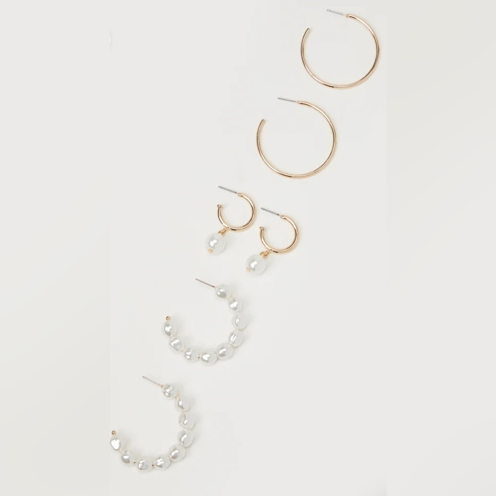 Lulus Set for Sophistication Gold Pearl Hoop Earrings. - NEW - 3 pack